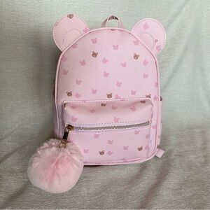NWOT UnderOneSky Pink Bear Print Mini Backpack w/ Large PomPom Kids Book Bag